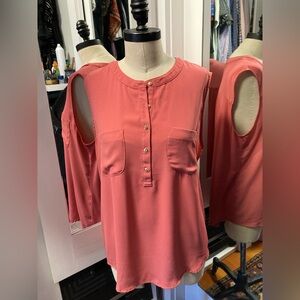 LOFT Coral Button-Front Mixed Media Sleeveless Blouse w Gold Buttons, Size Large